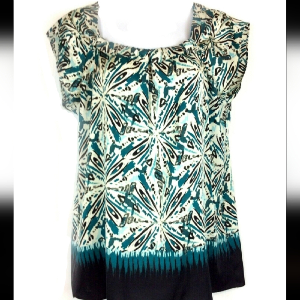 EUC Ann Taylor Outlet Blouse Womens Teal Black Ruched Neck Cap Sleeve